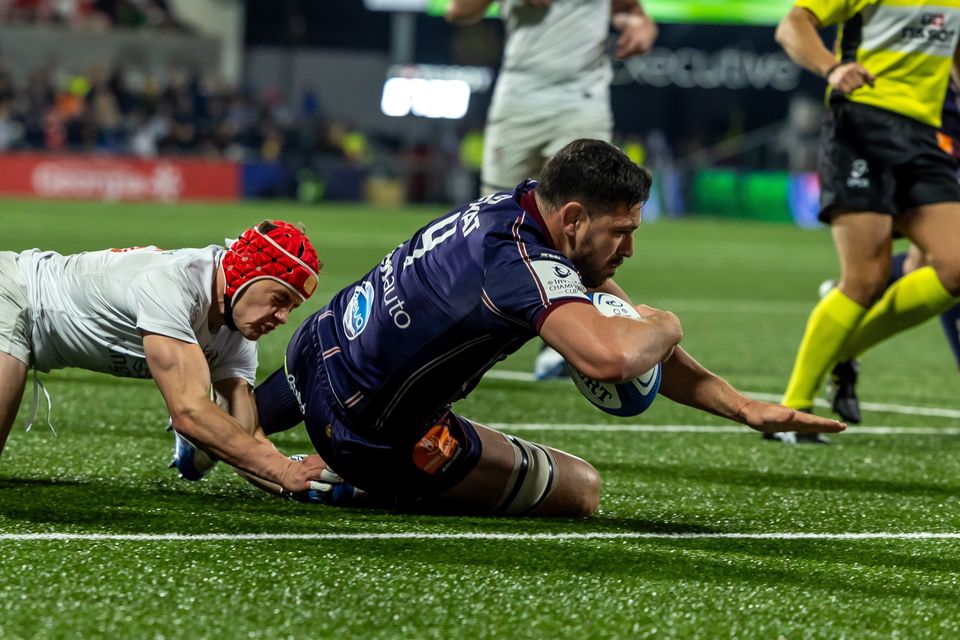 Bordeaux Bègles' Guido Petti scores a try during his side's Champions Cup victory over Ulster