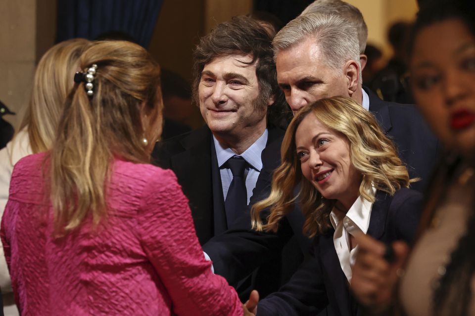 Argentina’s president Javier Milei, former speaker of the house Kevin McCarthy and Italian premier Giorgia Meloni (Chip Somodevilla/Pool Photo via AP)