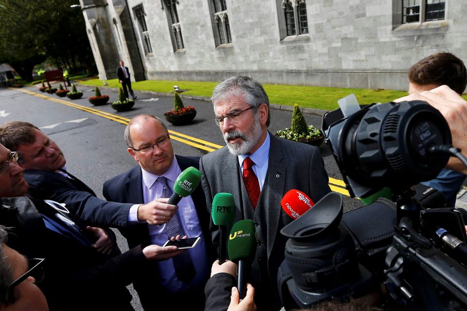 Sinn Fein president Gerry Adams speaks to the media as he arrives at the National University of Ireland on May 19, 2015 in Galway, Ireland. The Prince of Wales and Duchess of Cornwall arrived in Ireland today for their four day visit to the Republic and Northern Ireland, the visit has been described by the British Embassy as another important step in promoting peace and reconciliation. (Photo by Darren Staples - WPA Pool/Getty Images)