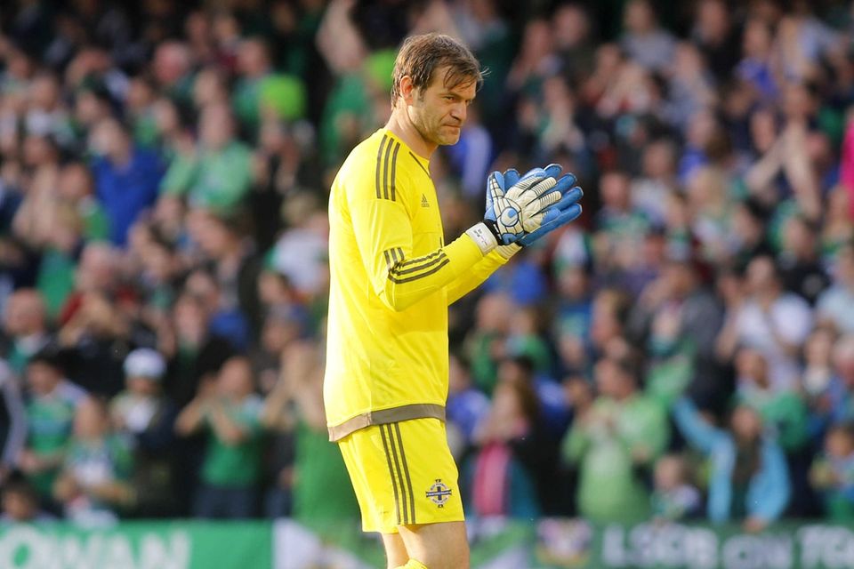 Picture - Kevin Scott / Presseye

Belfast , UK - May 27, Pictured is Northern Irelands Roy Carroll celebrating in action during the last home game before heading to the Euros on May 27 2016 in Belfast , Northern Ireland ( Photo by Kevin Scott / Presseye)