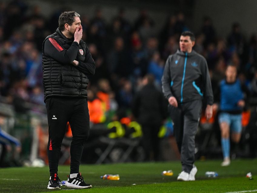 Derry City manager Ruaidhrí Higgins during the Sports Direct Men's FAI Cup Final match between Drogheda United and Derry City at the Aviva Stadium in Dublin. Photo by Seb Daly/Sportsfile