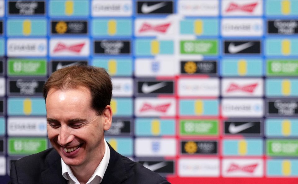 Newly appointed England head coach Thomas Tuchel with FA chief executive Mark Bullingham at a press conference (John Walton/PA)