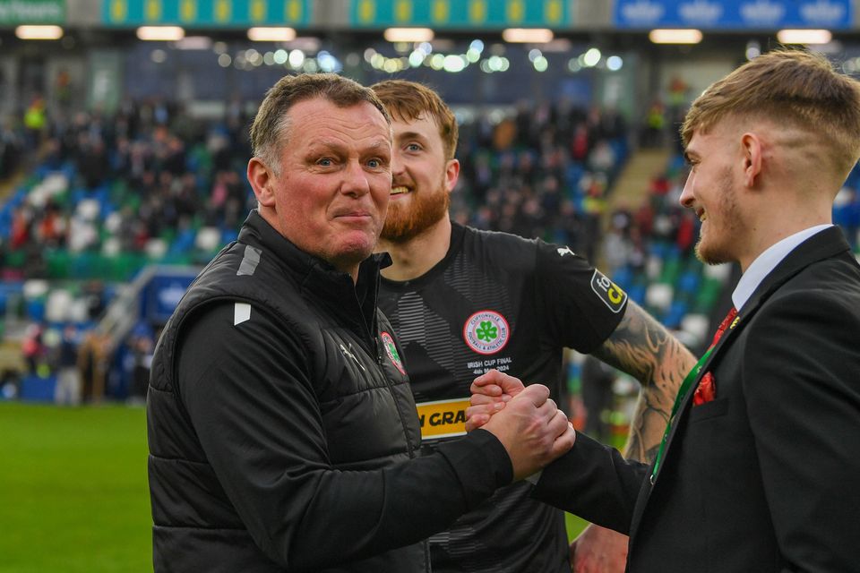 Jim Magilton celebrates after Cliftonville's Irish Cup Final victory over Linfield