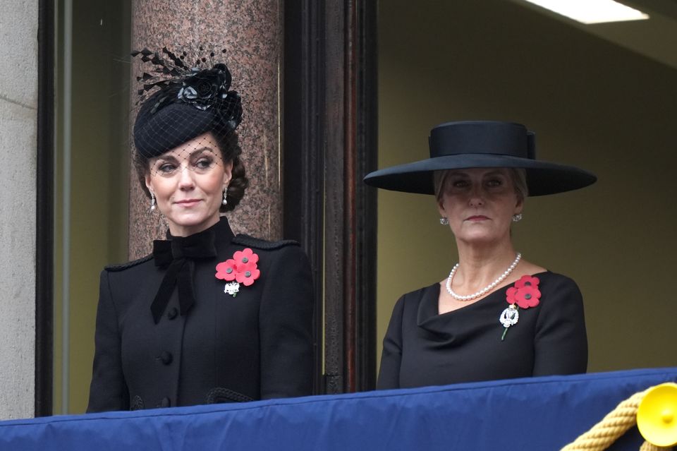 The Princess of Wales and the Duchess of Edinburgh on a balcony at the Foreign, Commonwealth and Development Office (FCDO) during the Remembrance Sunday service at the Cenotaph in London. Picture date: Sunday November 10, 2024. (Jordan Pettitt/PA)