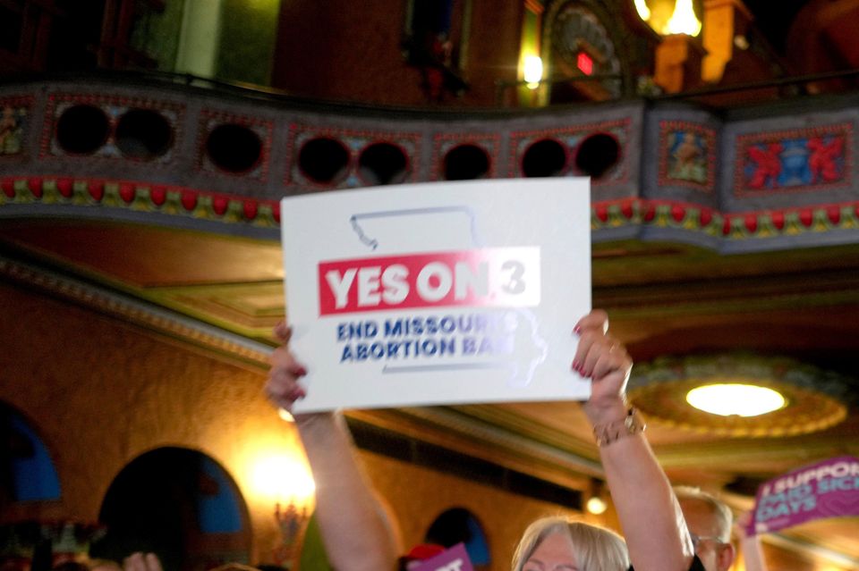 People at an election night watch party in Kansas City react after an abortion rights amendment to the Missouri constitution passed (Charlie Riedel/AP)