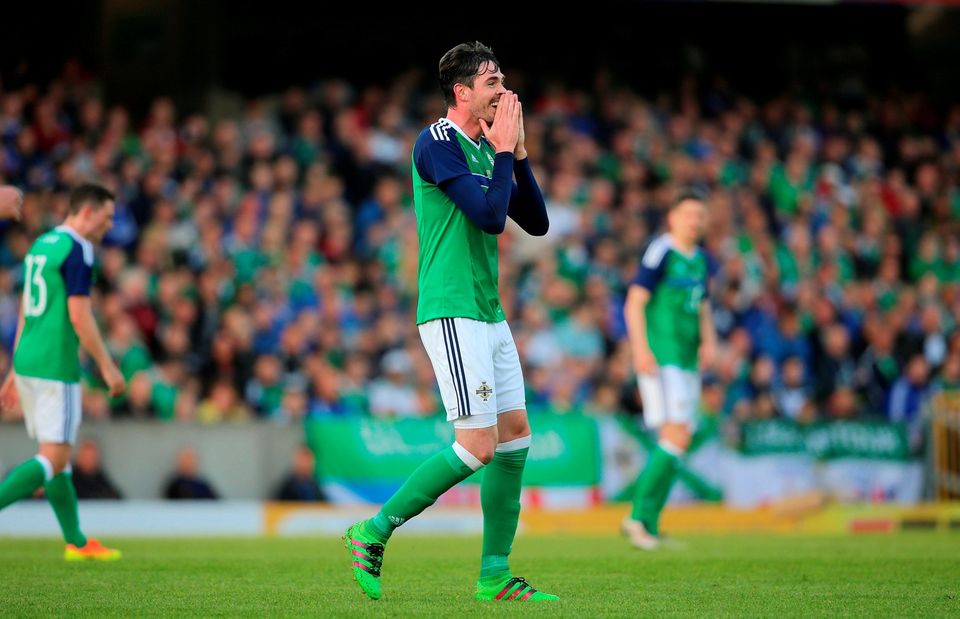 Northern Ireland's Kyle Lafferty rues a missed chance during the International Friendly at Windsor Park, Belfast. PRESS ASSOCIATION Photo. Picture date: Friday May 27, 2016. See PA story SOCCER N Ireland. Photo credit should read: Niall Carson/PA Wire. RESTRICTIONS: Editorial use only, No commercial use without prior permission, please contact PA Images for further information: Tel: +44 (0) 115 8447447.