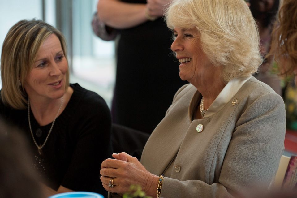 BELFAST, NORTHERN IRELAND - MAY 21:  Patron of The Big Lunch Camilla, Duchess of Cornwall reacts as she attends a reception for supporters of the community initiative on May 21, 2015 in Belfast, Northern Ireland. Prince Charles, Prince of Wales and Camilla, Duchess of Cornwall will attend a series of engagements in Northern Ireland following their two day visit in the Republic of Ireland.  (Photo by Arthur Edwards  - WPA Pool/Getty Images)