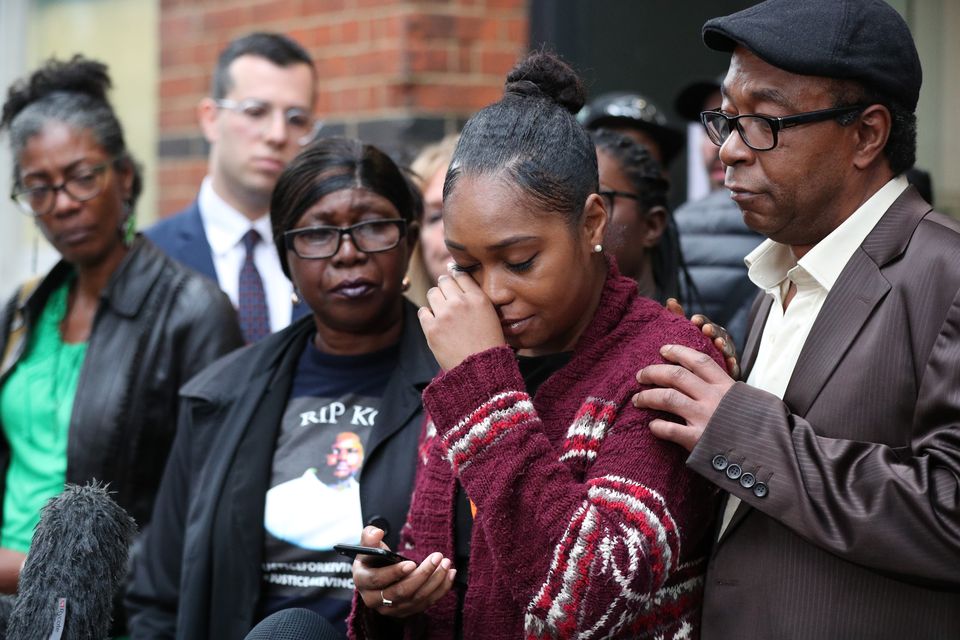 Wendy Clarke (second left) and Tellecia Strachen (second right), the mother and sister of Kevin Clarke, addressing the media outside Southwark Coroner’s Court in October 2020 (Jonathan Brady/PA)