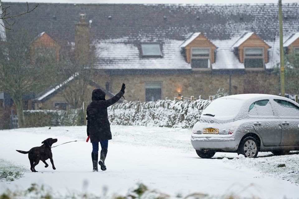 A woman walks her dog through the snow at Slayley in Northumberland (Owen Humphreys/PA)