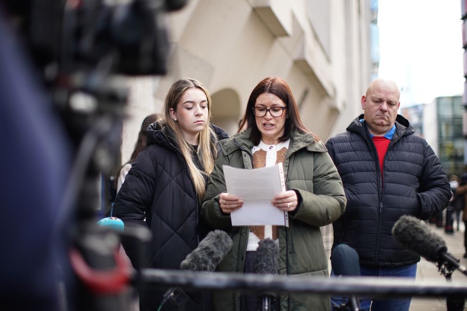 From left, Casey Hoath, Kerrie Hoath and Jason Hoath, speaking outside the Old Bailey (James Manning/PA)