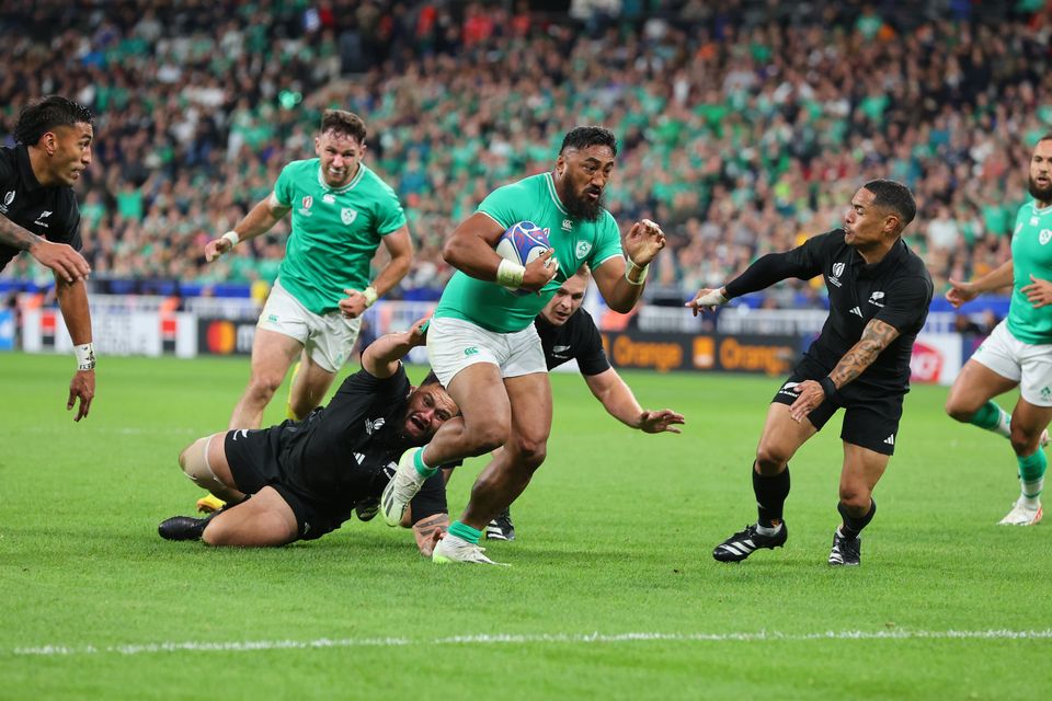 Bundee Aki scores a try in Ireland's World Cup Quarter-Final defeat to New Zealand