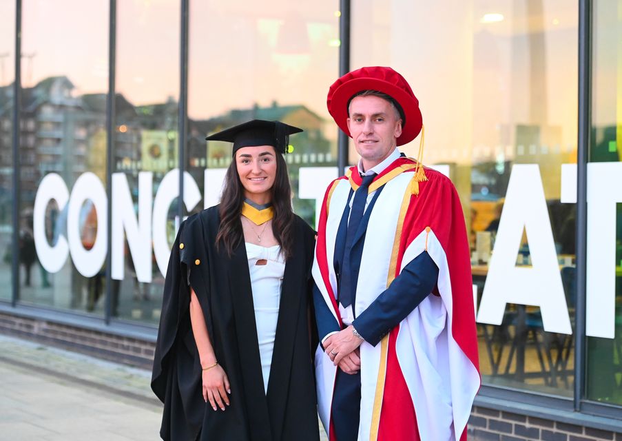 Ipswich Town manager Kieran McKenna alongside Sophie Peskett, 21, who is Ipswich Town’s only professional female player and has graduated with a first-class degree (University of Suffolk/Gregg Brown Photography/PA)