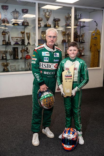 Recently crowned World Rotax 125 Mini Max Champion, Rory Armstrong, from Downpatrick shares a karting session with Eddie Irvine at the Formula One driving ace’s EI Sports kart track in Bangor, Co Down. (Photo by Graham Baalham-Curry)
