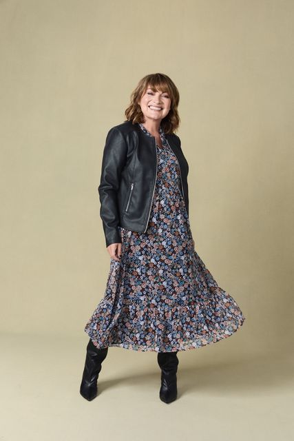 Biker jacket, £30, chiffon dress, £35, Bonmarche