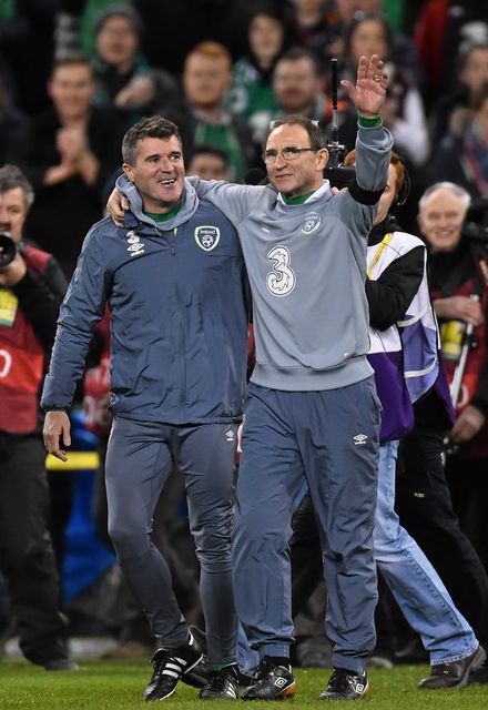 Martin O'Neill and Roy Keane (left) celebrate the Republic of Ireland's qualification for Euro 2016