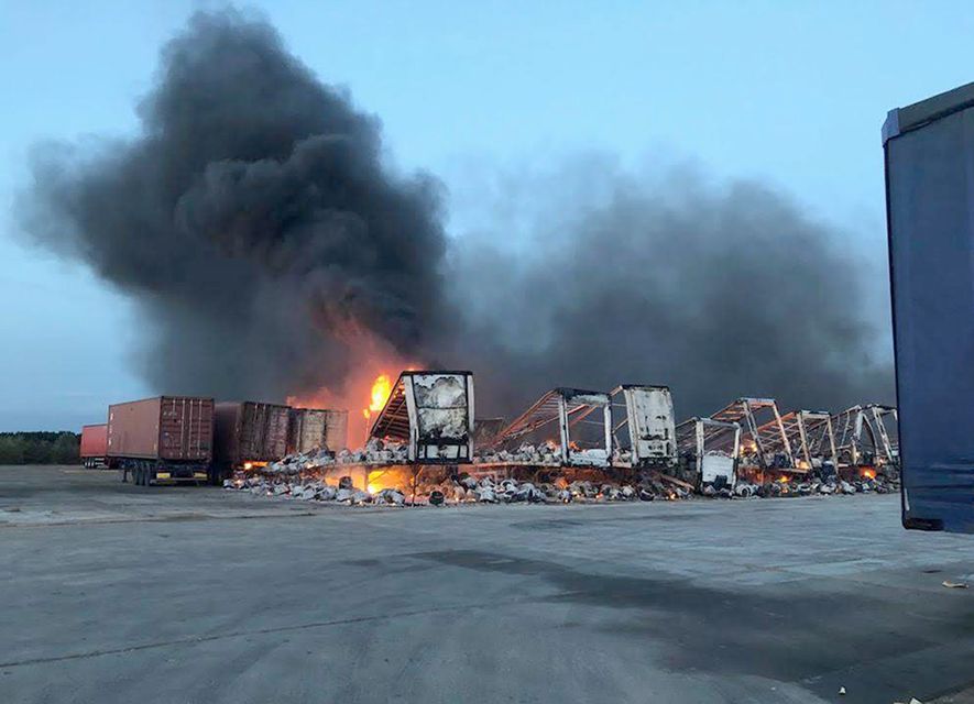 Trailers destroyed by the fire (Cambridgeshire Fire and Rescue Service/PA)