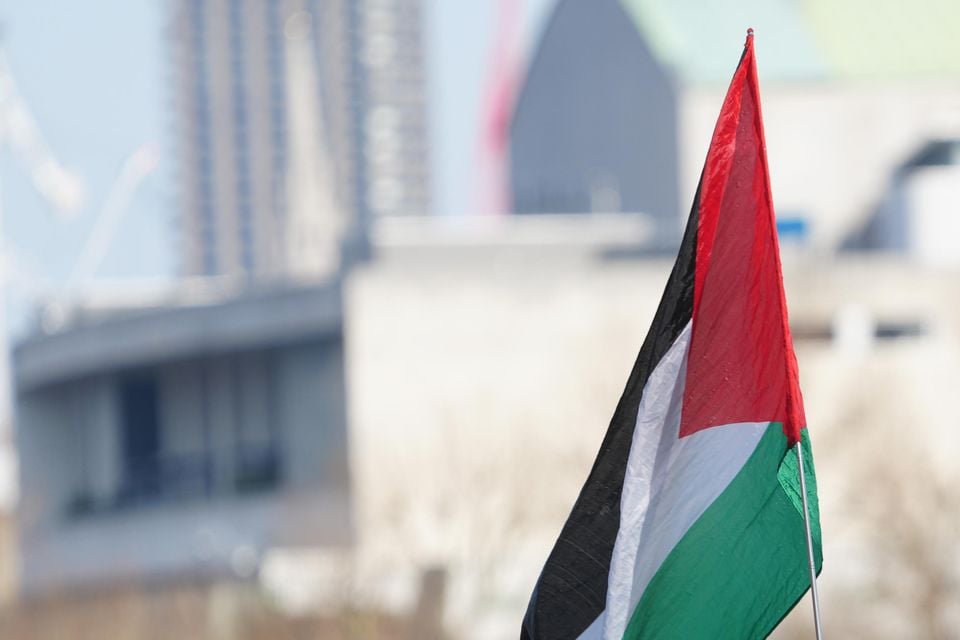 People watched a man with a Palestine flag after he climbed up the Elizabeth Tower (Jeff Moore/PA)