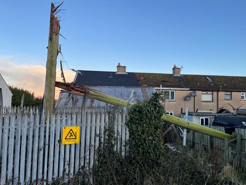 A broken telegraph pole in Culcavy in Co Down after Storm Eowyn (Jonathan McCambridge/PA)