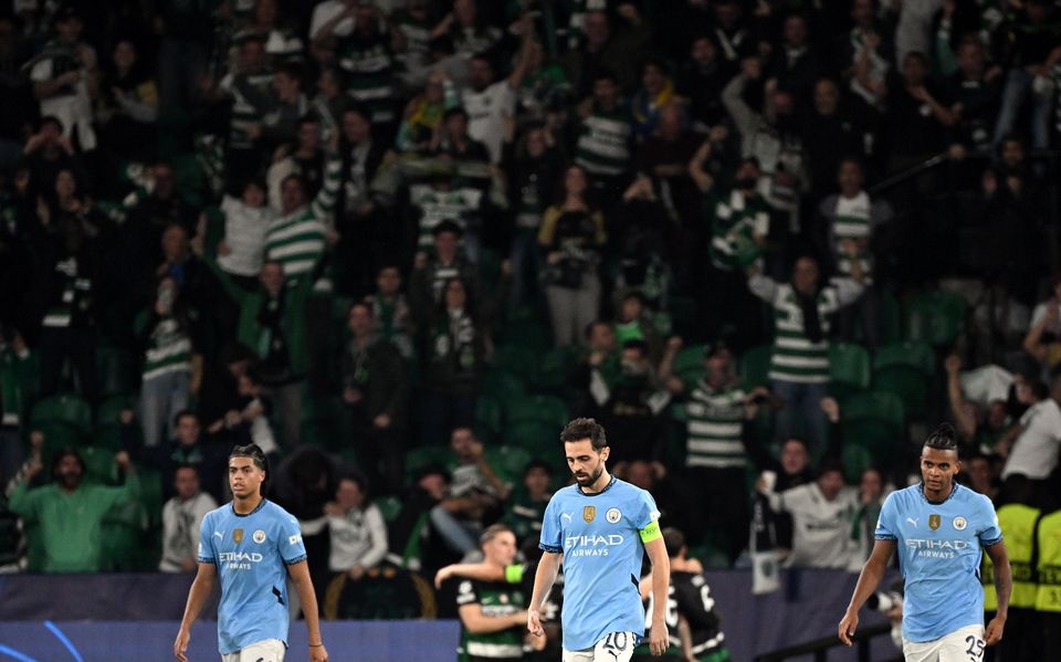 Bernardo Silva (centre left) and his Manchester City team-mates endured a difficult night in Portugal (Zed Jameson/PA).