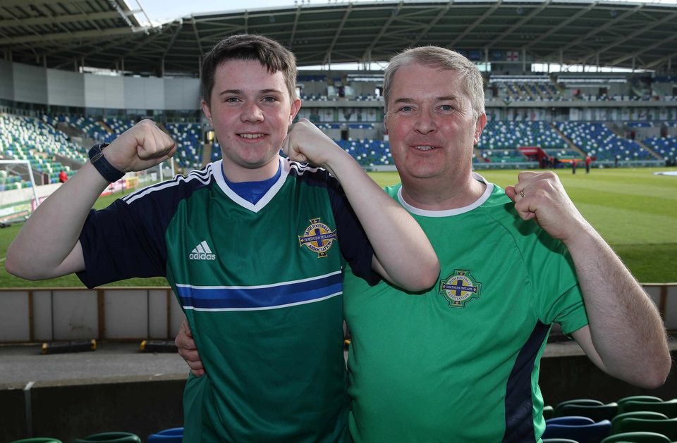 @Press Eye Ltd Northern Ireland- 27th May 2016
Mandatory Credit -Brian Little/Presseye
George Emerson with his son Cameron aged 14 from Bangor  watching Northern Ireland     and Belarus      during Friday night's Vauxhall Friendly International match  at the National Football Stadium at Windsor Park.
Picture by Brian Little/Presseye
