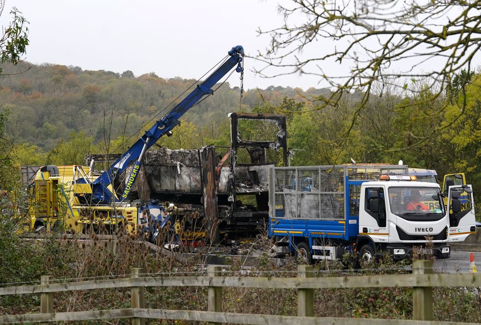 Recovery services at the scene on the M25 motorway between Junction 5 in Kent and Junction 6 in Surrey after a lorry fire (Gareth Fuller/PA)