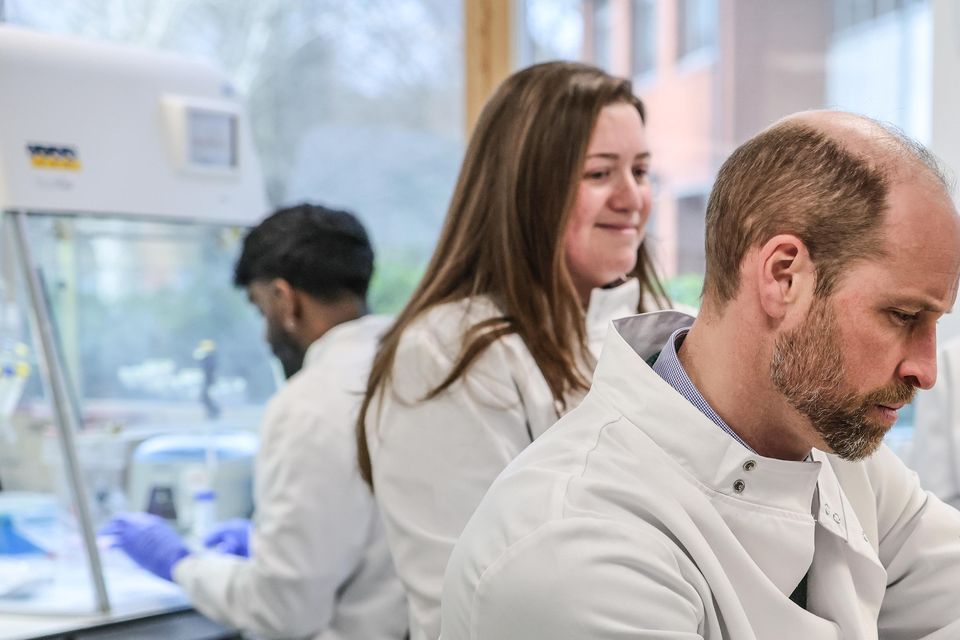 The Prince of Wales makes a mini extraction of DNA during a visit to the lab of 2024 Earthshot Prize finalist NatureMetrics in Guildford (Richard Pohle/The Times/PA)