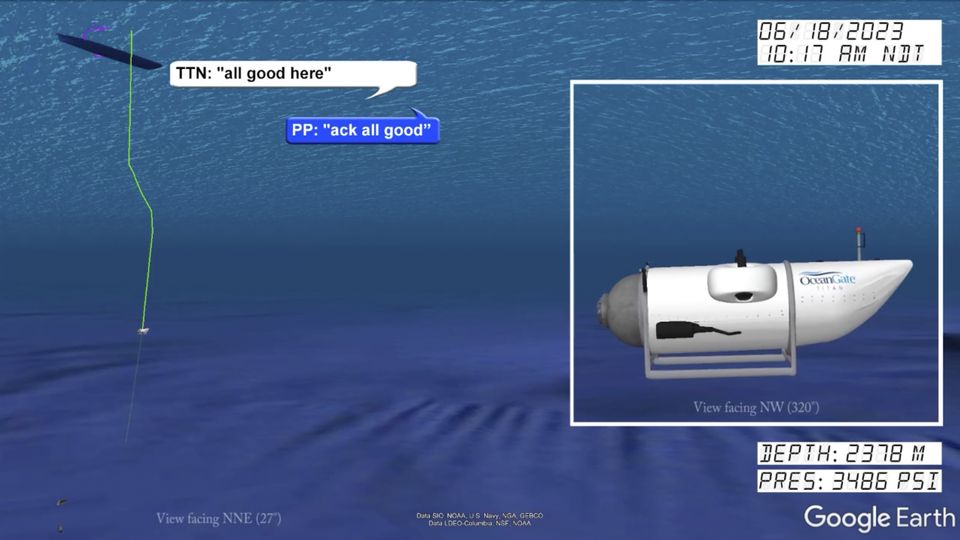 An illustration of the Titan submersible is shown near the ocean floor of the Atlantic Ocean (US Coast Guard/AP)