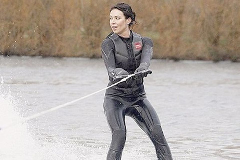 Christine Bleakley leaves Dover at the start of her challenge to water-ski across the English Channel for Sport Relief.