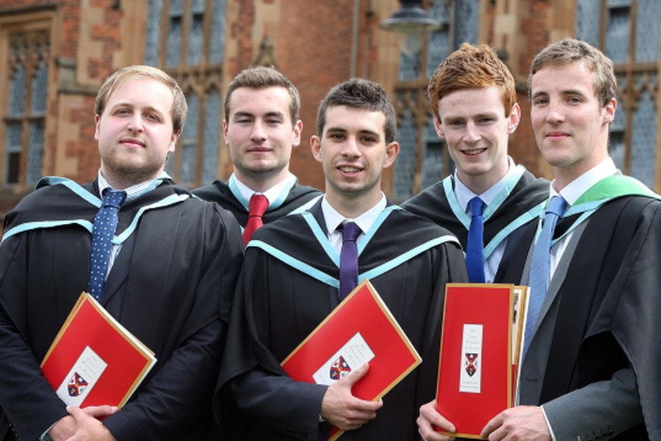 Left to right - Steven Crawford from Ballymena, Aaron Stewart from Magherafelt, Michael Armstrong from Ballymena, Derek Lynch from Londonderry and Graham Thompson from Bushmills all graduated with a degree in Health and Leisure from Queen's University.