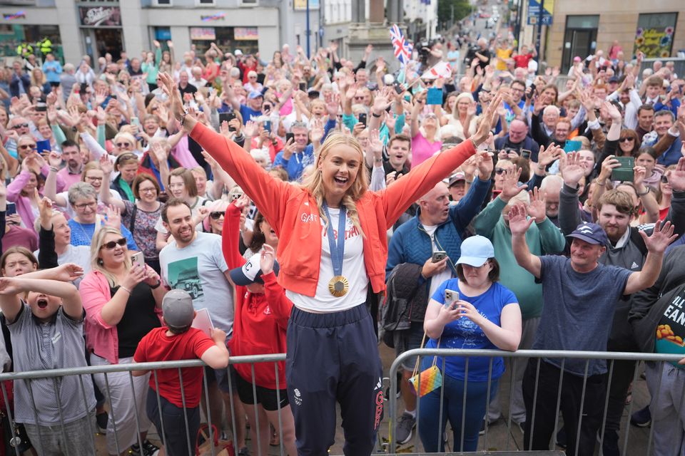 Team GB medal winner rower Hannah Scott, who won gold in the women’s quadruple sculls, during a homecoming parade in Coleraine in Northern Ireland in August (Niall Carson/PA)