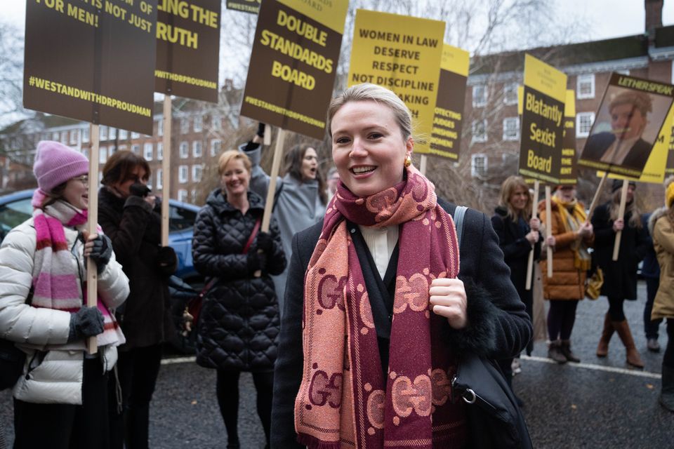 Barrister Charlotte Proudman arrives at a misconduct hearing in London accompanied by supporters (Stefan Rousseau/PA)