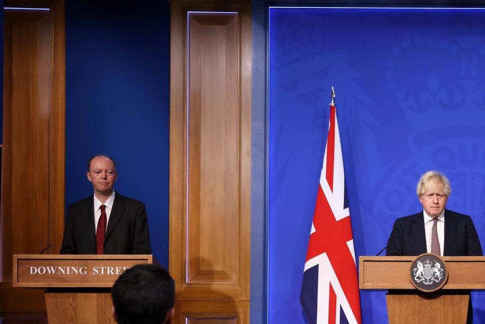 (left to right) Chief Medical Officer Professor Chris Whitty, Prime Minister Boris Johnson and Chief scientific adviser Sir Patrick Vallance during a media briefing in Downing Street, London, on coronavirus. The Covid Inquiry report said ministers were “not presented with a broad enough range of scientific opinion” (Hollie Adams/PA).