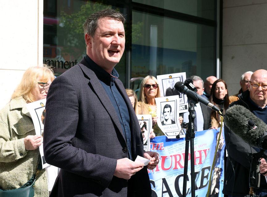 Sinn Fein MP John Finucane speaks during a protest outside the NIO against the Government's new Legacy Act (Pic by Stephen Davison/Pacemaker)