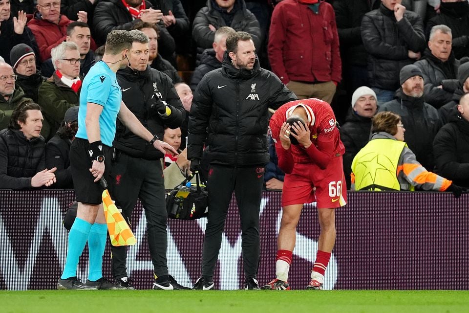 Trent Alexander-Arnold, right, is set to miss the Carabao Cup final (Martin Rickett/PA)