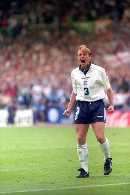 Stuart Pearce celebrates scoring in the penalty shoot-out against Spain at Euro 96 (Sean Dempsey/PA)