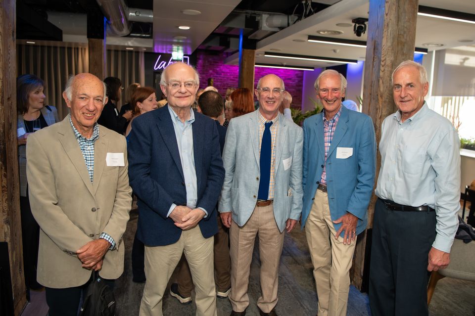 Laurence Bard (far left) pictured with composer John Rutter (left) and two other choristers at the Highgate School and Decca reunion at Dolby Theatre in Soho (Carsten Windhorst)