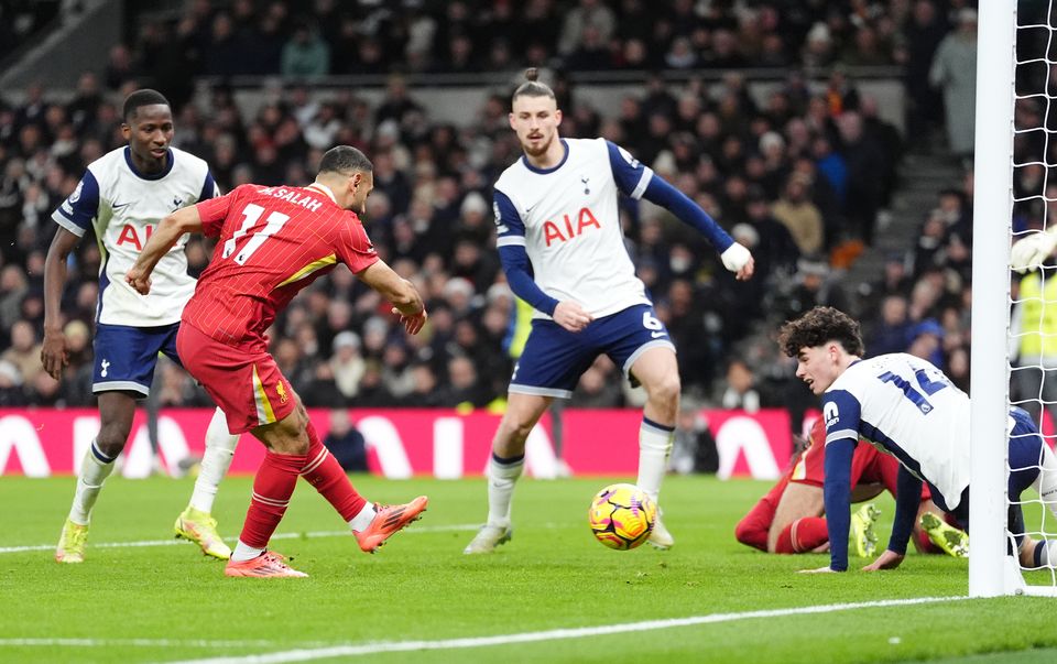 Salah (second left) netted his 18th goal of the season on Sunday (Adam Davy/PA)