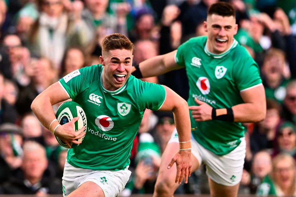 Jack Crowley of Ireland runs in to score his side's first try