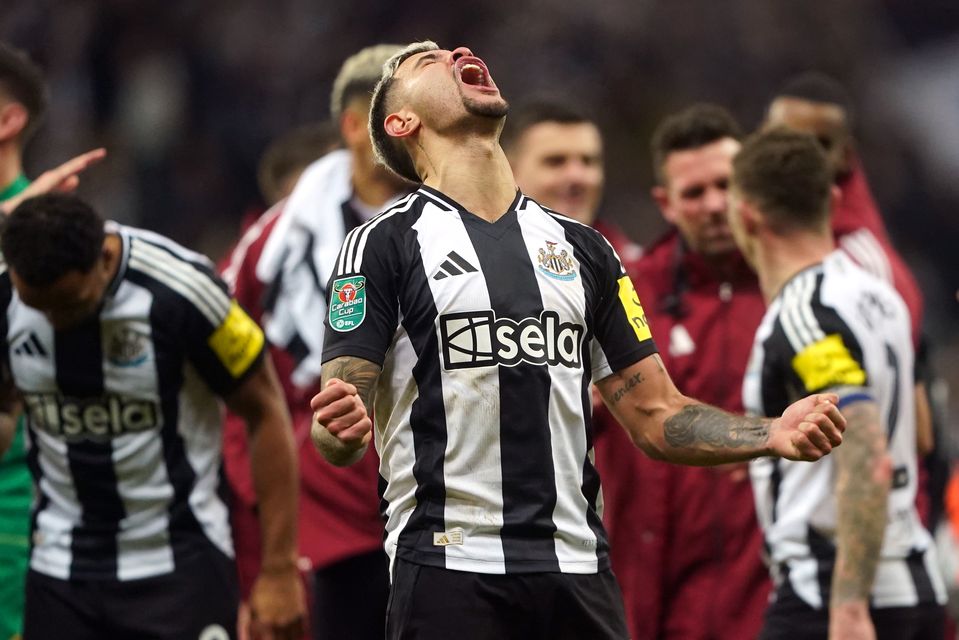 Bruno Guimaraes celebrates at the full-time whistle (Owen Humphreys/PA)