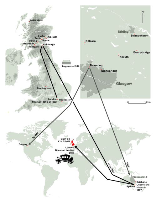 A graphic showing where various fragments of the Stone of Destiny have travelled (Christina Unwin/Sally Foster/PA)