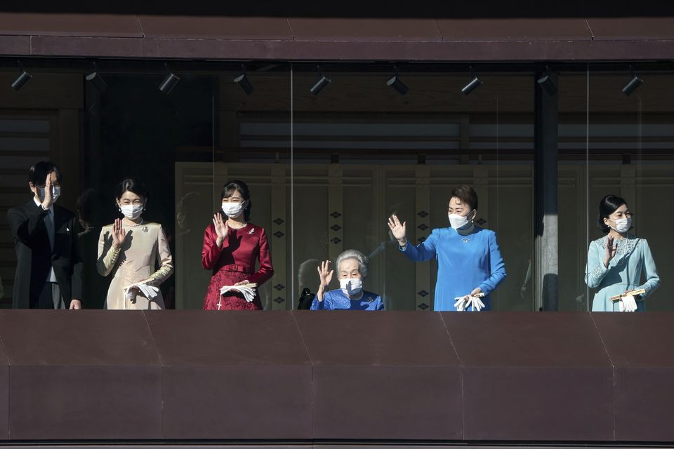 Princess Yuriko of Mikasa, fourth left, with Crown Prince Akishino, from left, Crown Princess Kiko, Princess Kako, Princess Nobuko of Mikasa and Princess Akiko of Mikasa in 2023 (AP)