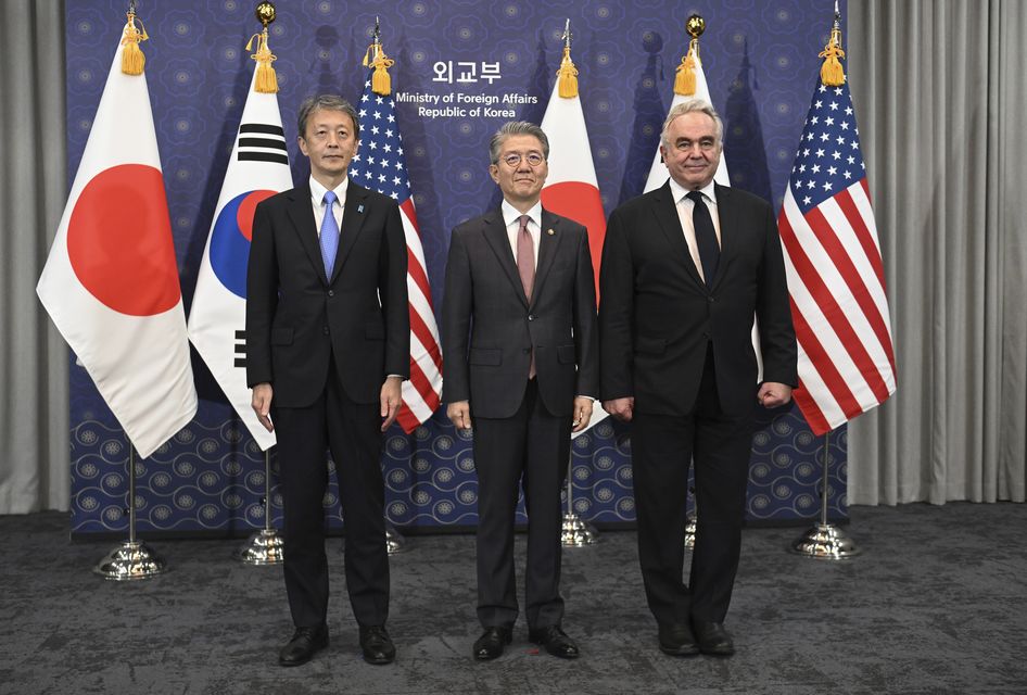 South Korea’s vice foreign minister Kim Hong-kyun with US deputy Secretary of State Kurt Campbell and Japan’s vice foreign minister Masataka Okano (Jung Yeon-je/AP)