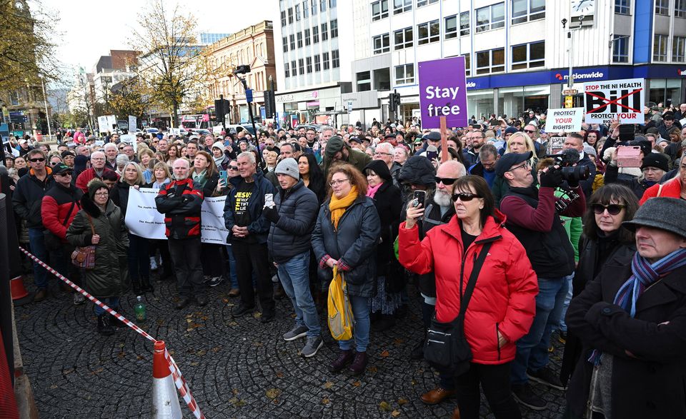 Hundreds of protesters gather at City Hall in Belfast for ‘Stop the NI Health Bill’ rally. Pic by Presseye.