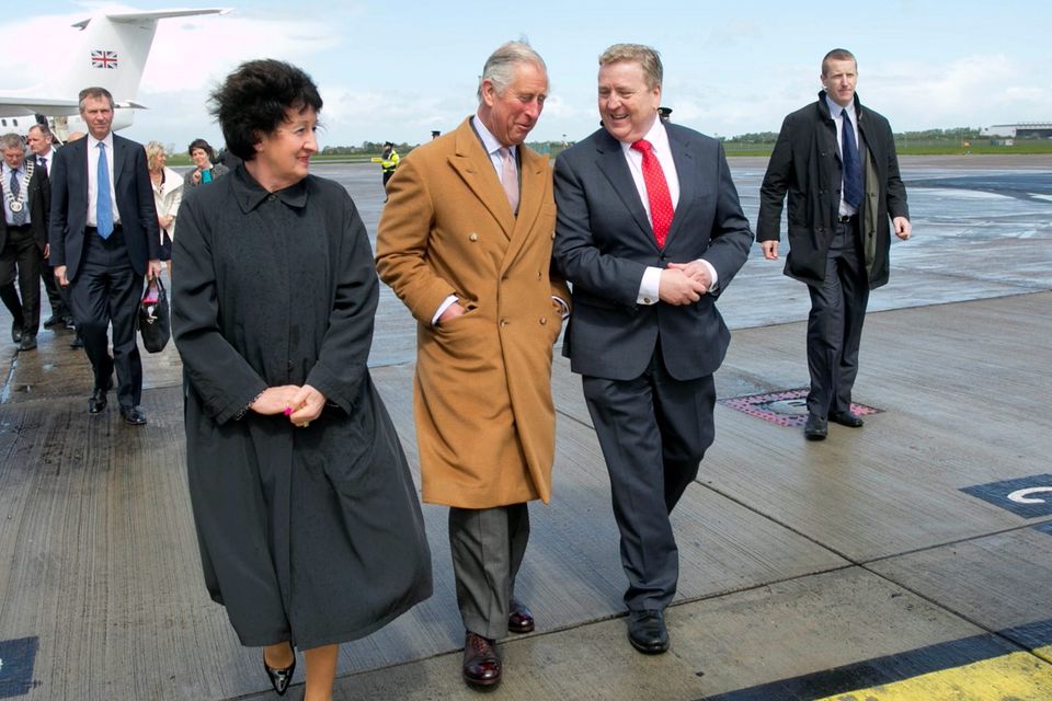 The Prince is of Wales (centre) is greeted on his arrival at Shannon airport  by Rose Hynes, Chairman Shannon Airport Authority (left) and Pat Breen TD, Chairman of the Joint Committee on Foreign Affairs at the start of his 4 day visit to Ireland.