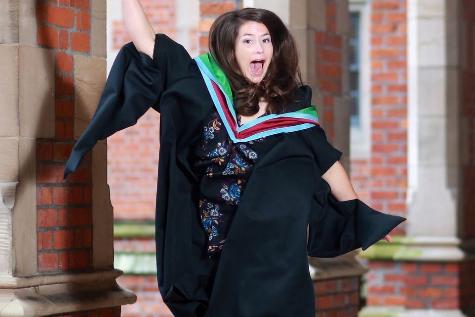 Jumping for joy International Student Christina Ramos from San Fancisco, USA,  leaps with joy after getting her MSc in Applied Behavior Analysis at the School of Education at Queens University Belfast, Northern Ireland. This week Winter Graduation starts Wednesday 9th of December  Friday 11th December 2015 Photo/Paul McErlane