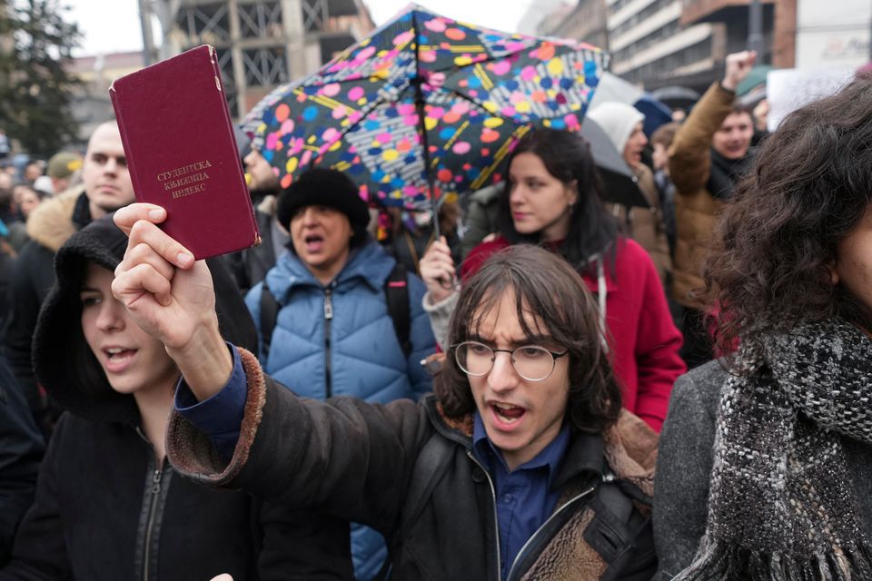 University students joined calls for a general strike after months of protests over the collapse of a concrete canopy that killed 15 people in Belgrade (Darko Vojinovic/AP)