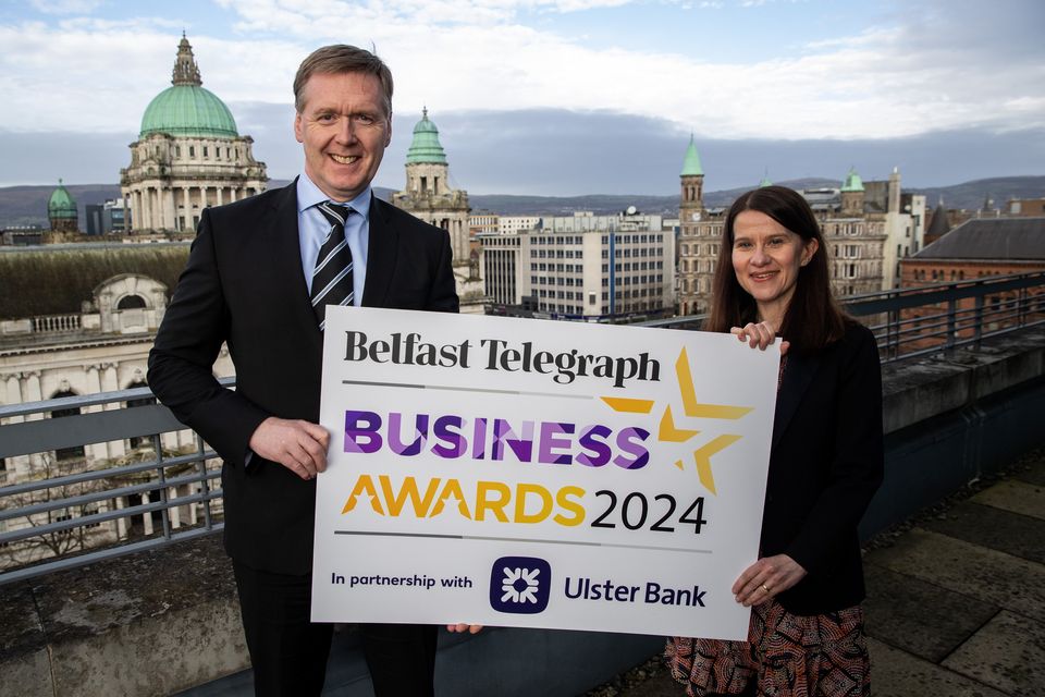 Mark Crimmins, Regional Managing Director of Ulster Bank and Business Editor Margaret Canning launching the Belfast Telegraph Business Awards 2024 in partnership with Ulster Bank. (Photo by Aodhan Roberts for Belfast Telegraph)