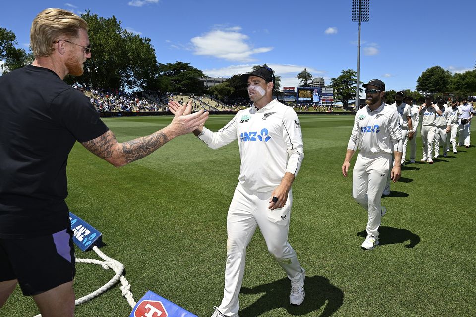 England captain Ben Stokes shakes hands with New Zealand captain Tom Latham at the end of the third Test between England in Hamilton (Andrew Cornaga/Photosport/AP)