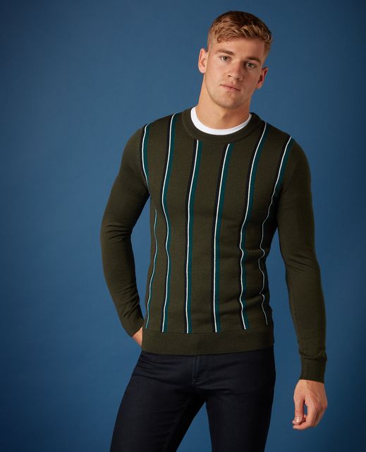 Green slim fit merino wool-blend crew neck sweater with multi-coloured stripes design, £75