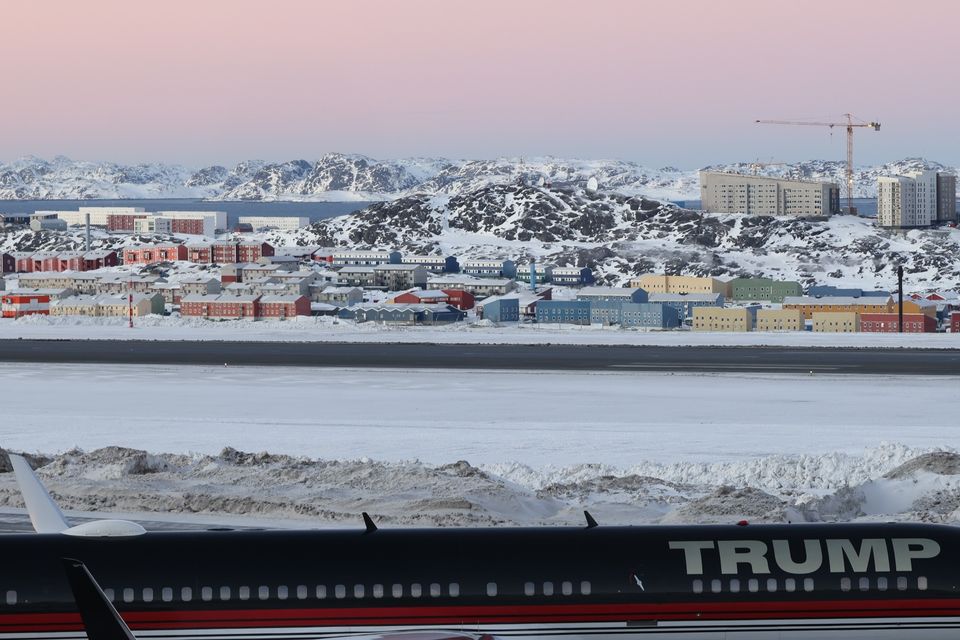 A plane carrying Donald Trump Jr lands in Nuuk, Greenland, on Tuesday (Emil Stach/Ritzau Scanpix via AP)